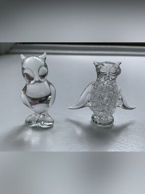 Vintage Clear Art Glass Owls Figurine Pair Set Of 2 Owls Clear